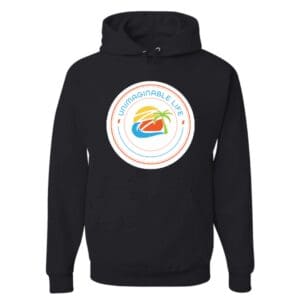 A black hoodie with a picture of a donut on it.