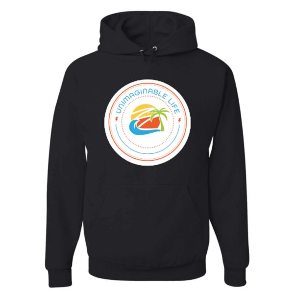 A black hoodie with a picture of a donut on it.