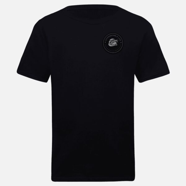 A black t-shirt with a small logo on the front.