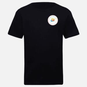 A black t-shirt with an image of a donut on it.