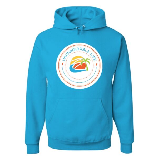 A blue hoodie with a white circle logo on it.