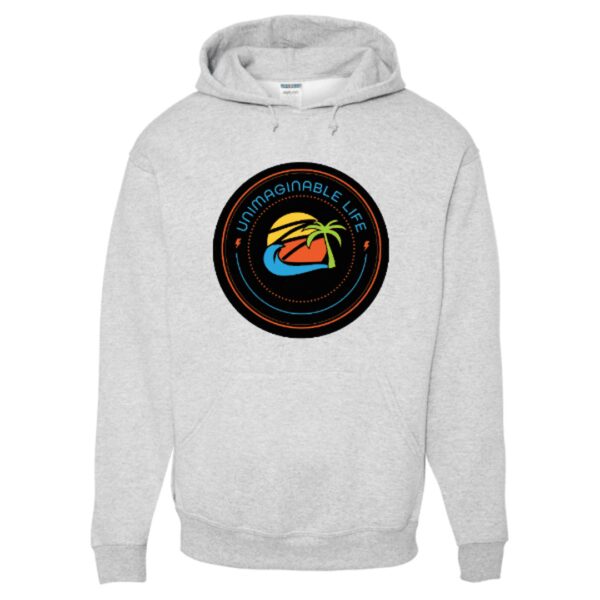 A white hoodie with a picture of a rainbow.