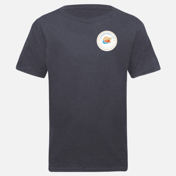 A black t-shirt with an orange circle on the front.