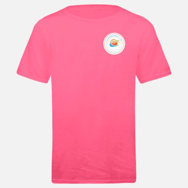 A pink t-shirt with an orange and white donut on the front.