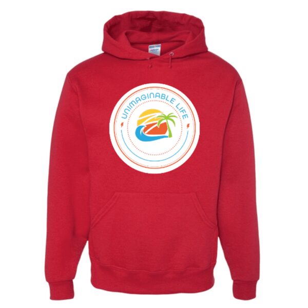 A red hoodie with a white circle and rainbow logo.