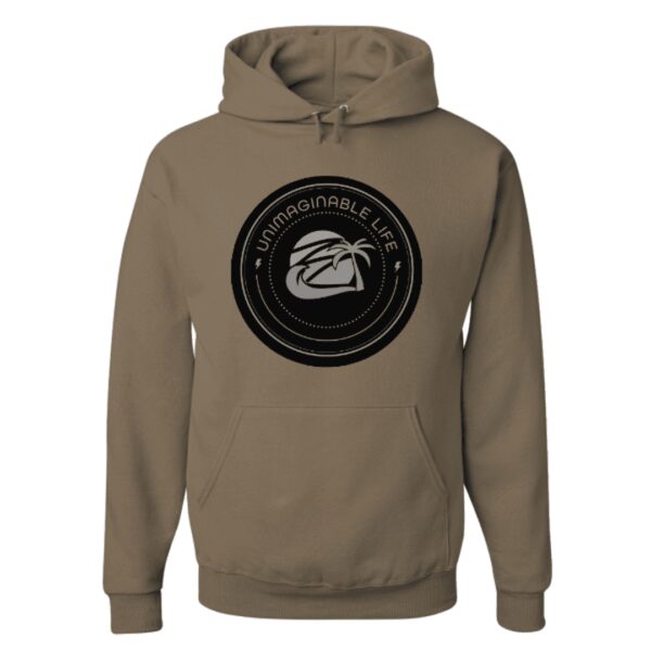 A brown hoodie with a black and white logo