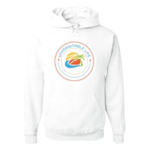 A white hoodie with an image of a sun and water.