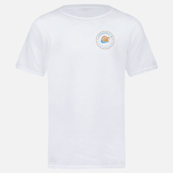 A white t-shirt with an orange and green logo on the front.